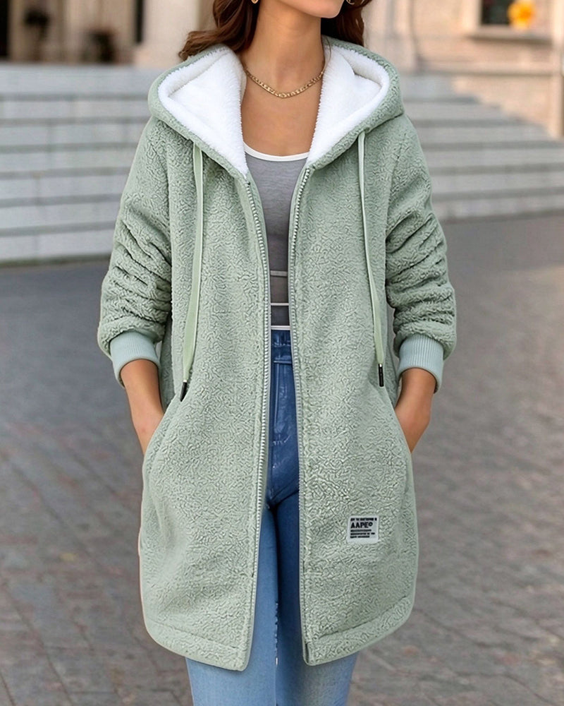 Manteau à Capuche avec Poche Zippée en Fleece Épaissi