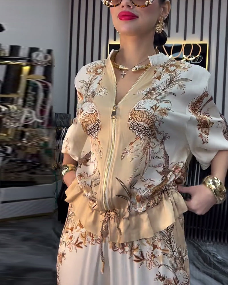 Costume à col montant et fermeture éclair avec jambes larges