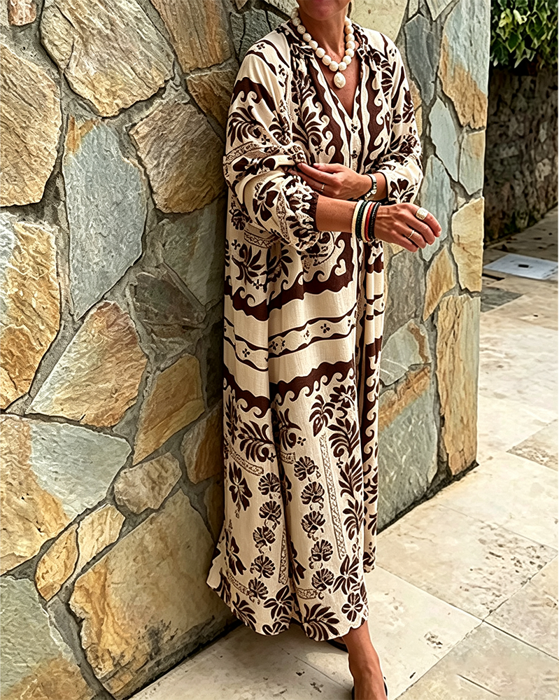 Robe Col V Style Ethnique Ample Grand Ourlet