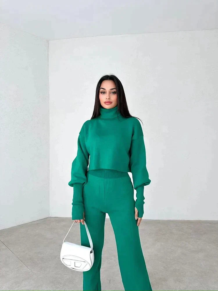 Ensemble Femme Deux Pièces Pull Col Montant Oversize Pantalon Droit