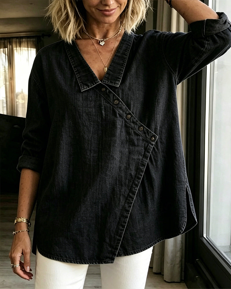 Blouse femme ample à boutons diagonaux style denim