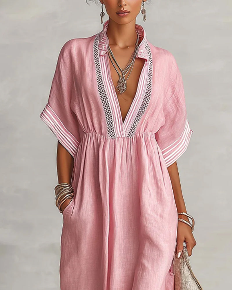 Robe Col En V Froncée Rayée Lâche