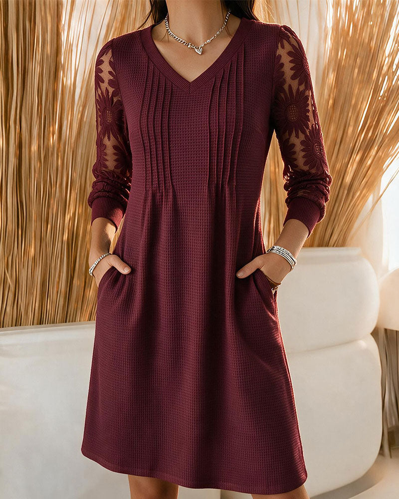 Robe Patchwork Froncée à Col V
