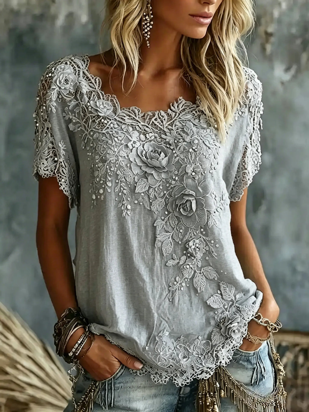 Daevea | Blouse vintage avec broderie florale en dentelle