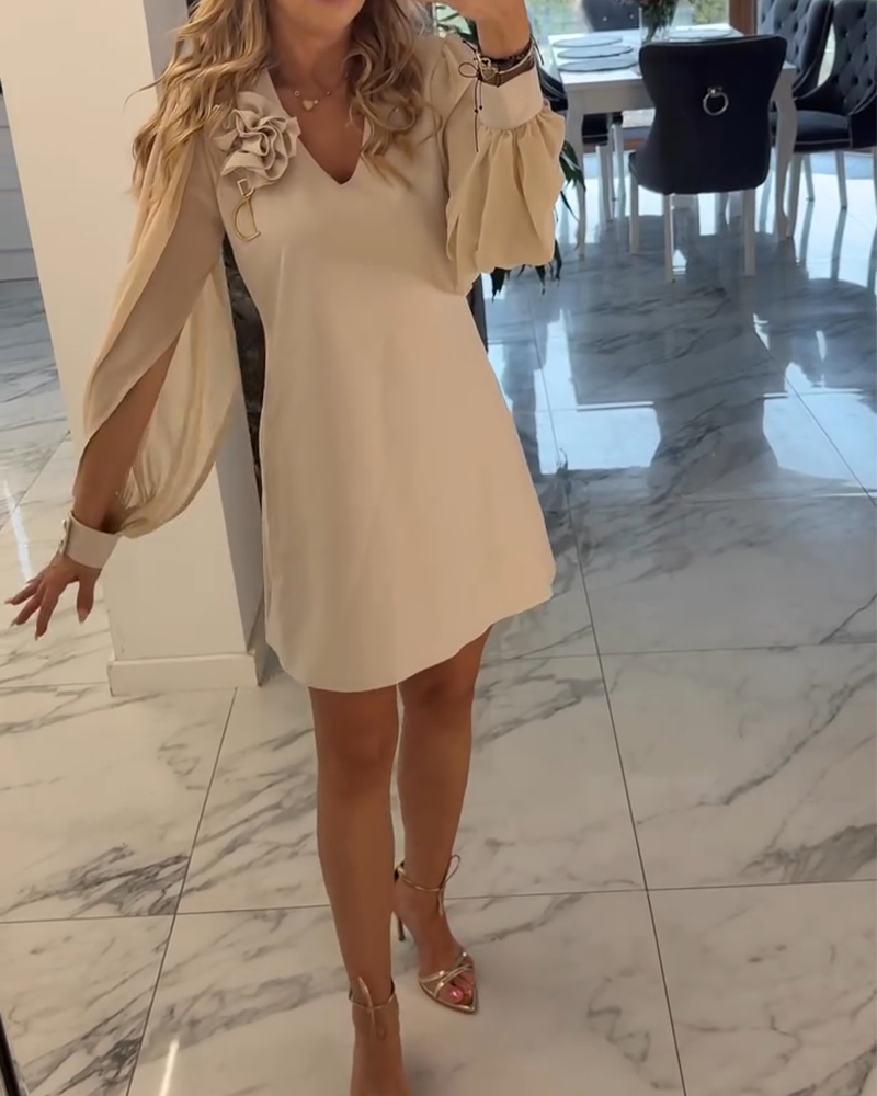 Robe à Manches Lanternes avec V-Cou et Fleurs en Trois Dimensions