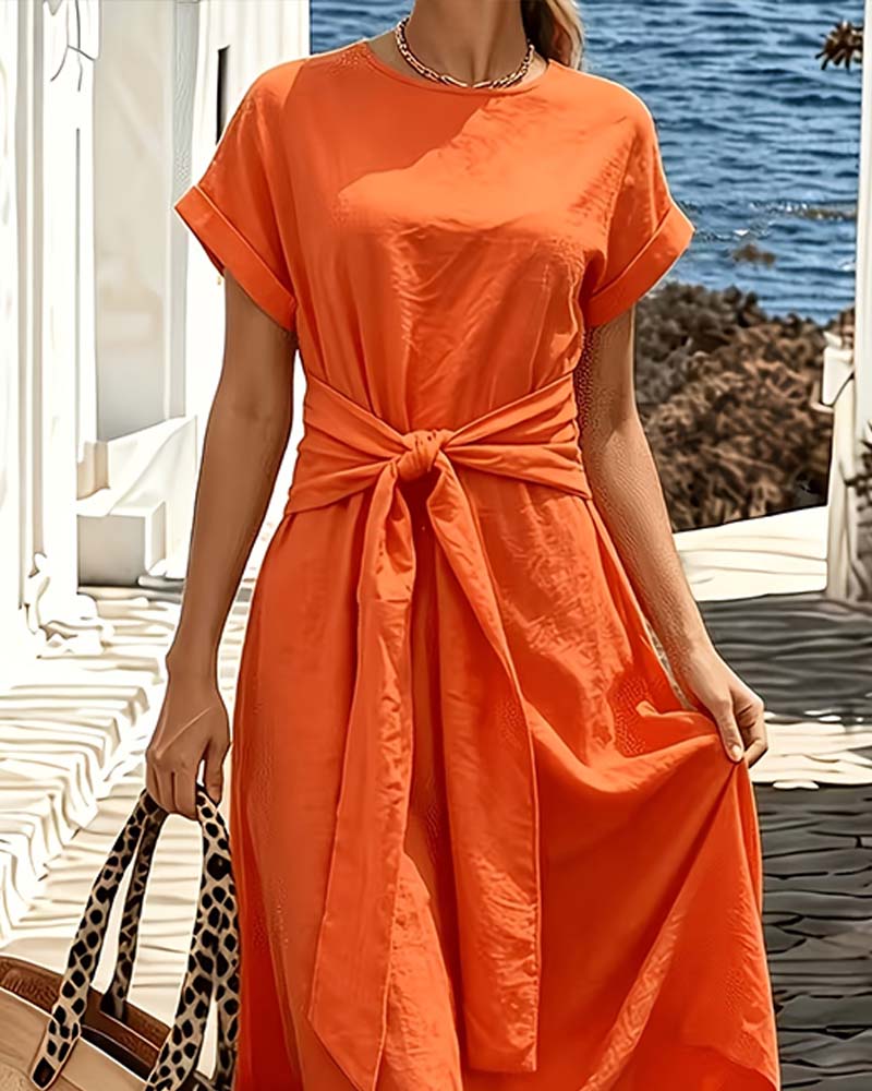 Robe Col Rond Unie Cordon Noué Plein Jupe