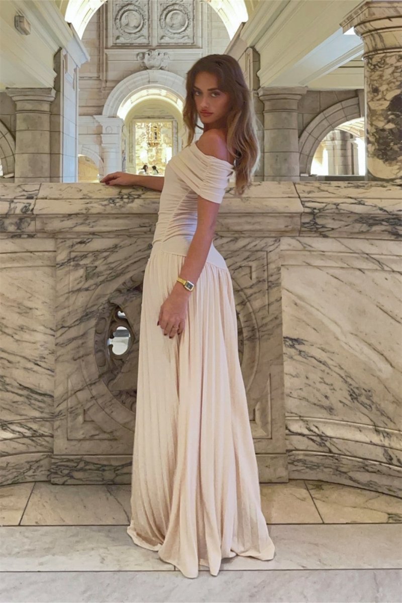 Robe Longue À Épaules Dénudées Avec Jupe Plissée Pour Femme | Idéale Pour Cérémonie Estivale