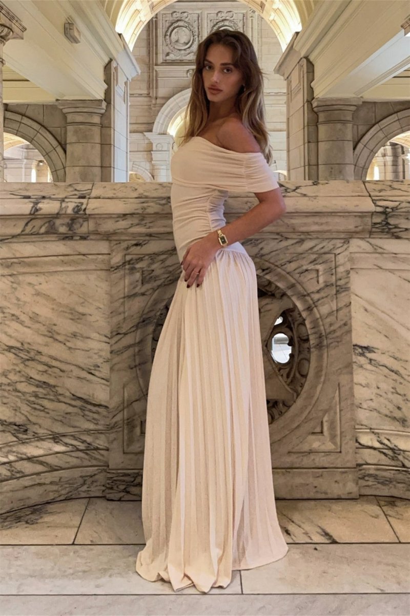 Robe Longue À Épaules Dénudées Avec Jupe Plissée Pour Femme | Idéale Pour Cérémonie Estivale