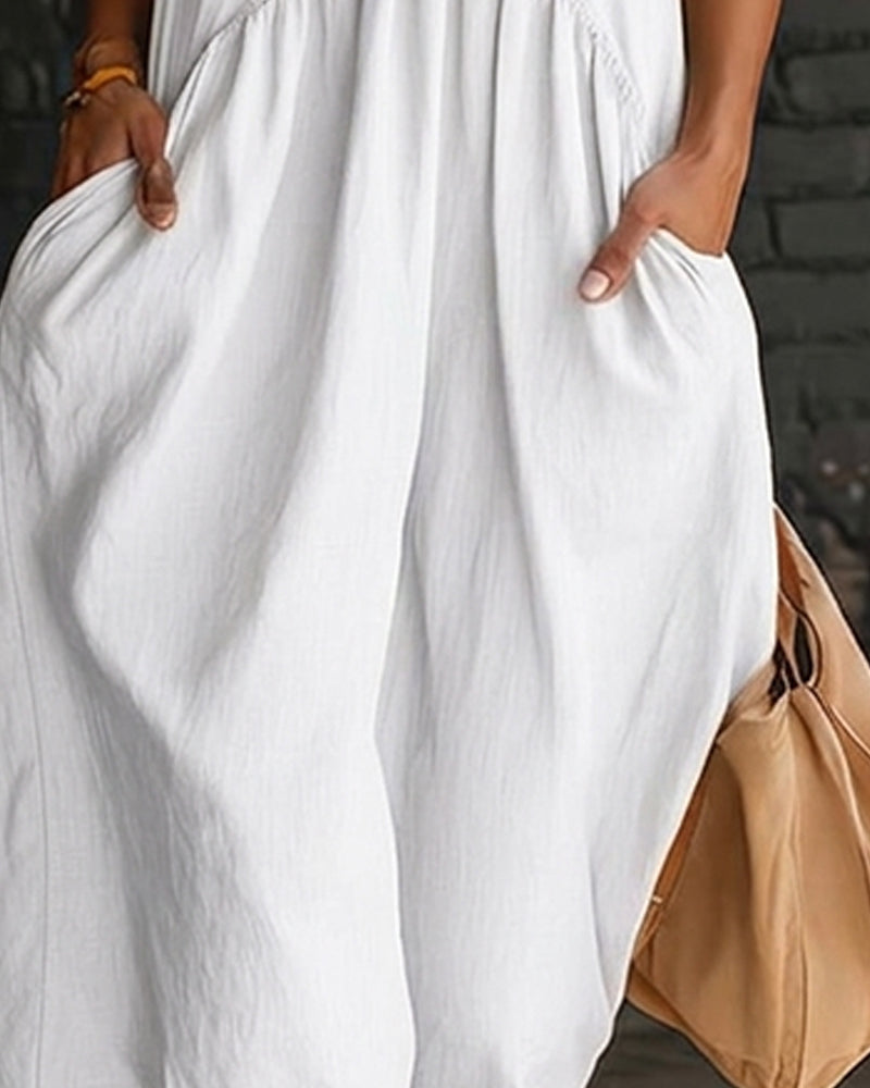 Robe Maxi Sans Manches en Coton 100% à Col Montant de Couleur Unie