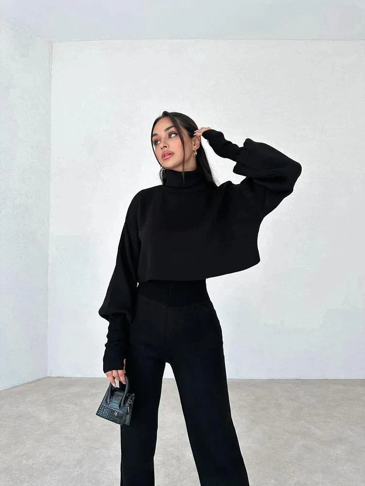 Ensemble Femme Deux Pièces Pull Col Montant Oversize Pantalon Droit