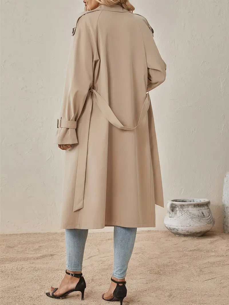 Manteau Trench Long Femme avec Doubles Rangées de Boutons et Ceinture