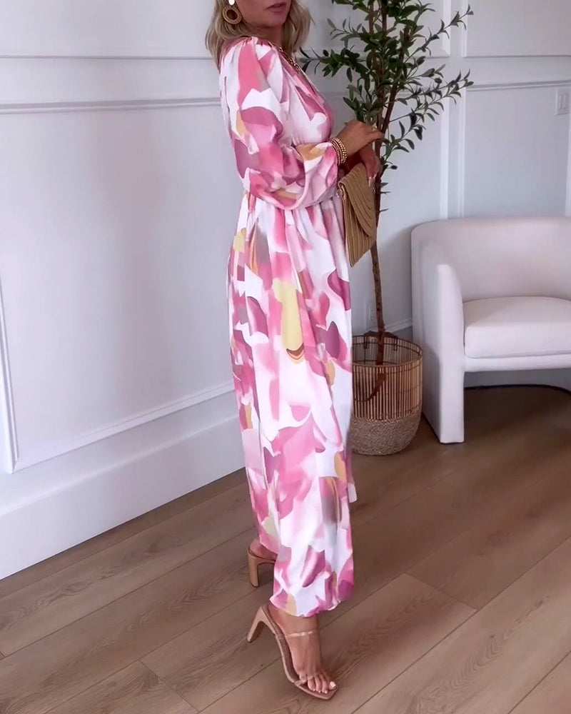 Robe maxi élégante à manches longues et décolleté en V imprimée