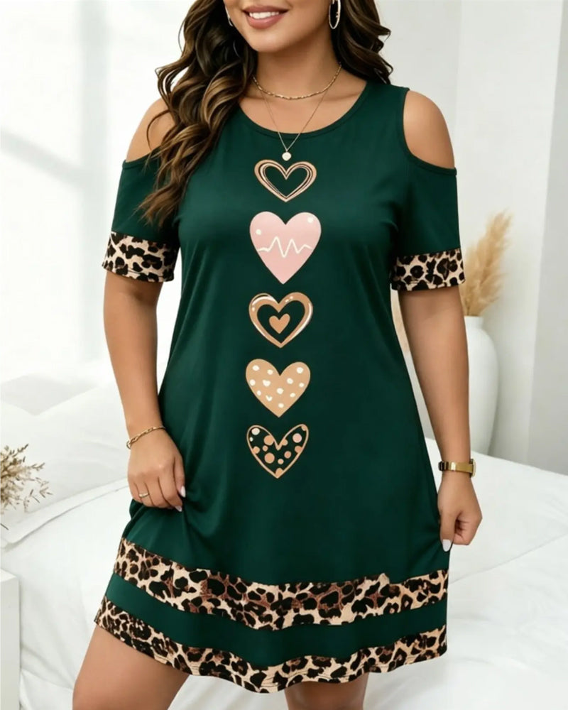 Robe Col Rond Off-Shoulder Léopard Cœur