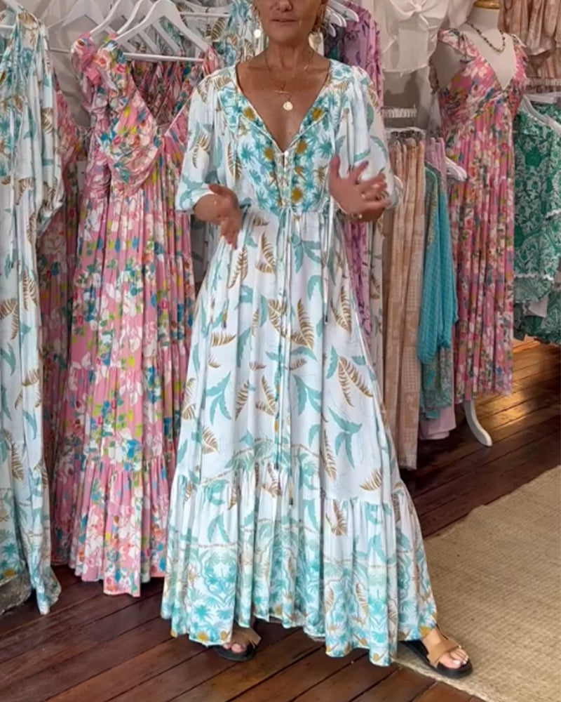 Robe maxi à imprimé feuilles avec décolleté en V pour femmes