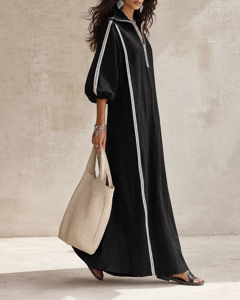 Robe Rayée avec Fermeture Éclair et Col Revers Jupe-Pleine