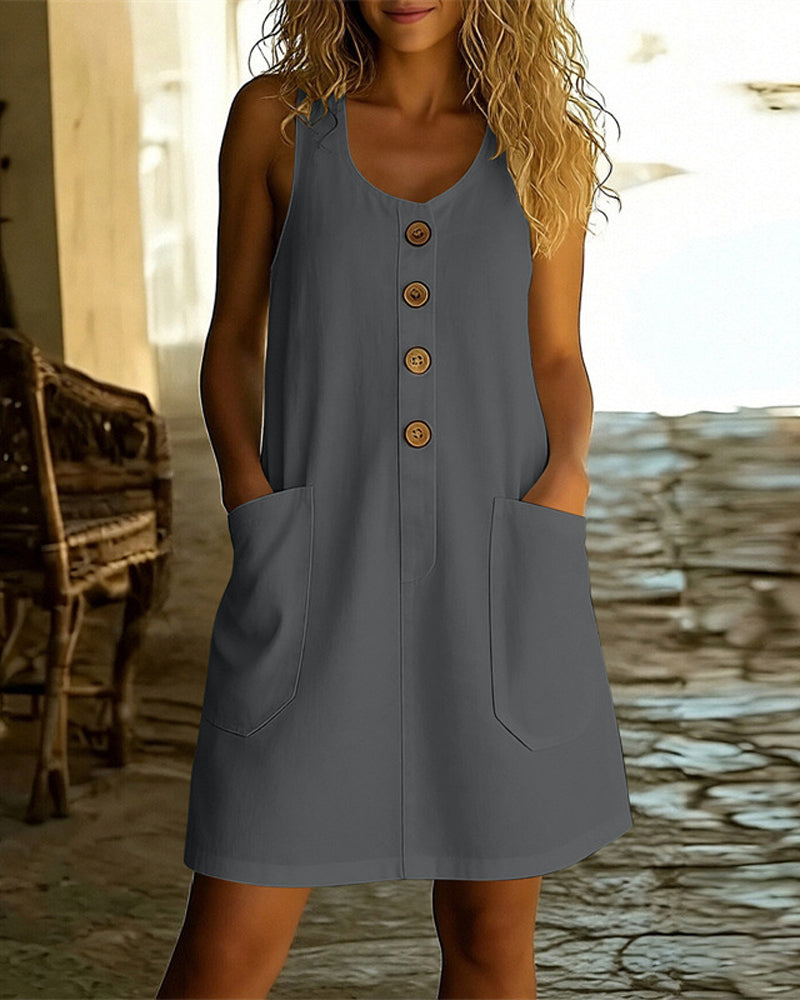 Robe Unie Col En U Bouton Devant