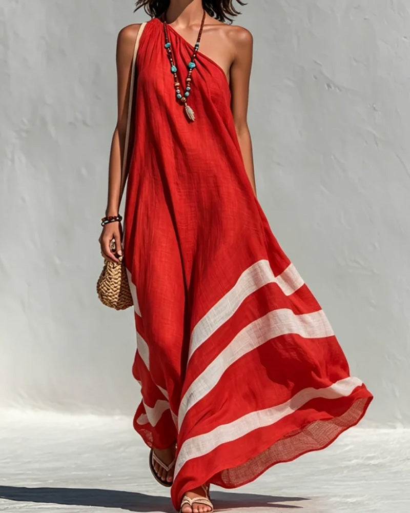 Robe Une Épaule Rayée Bloc De Couleur Jupe Ample
