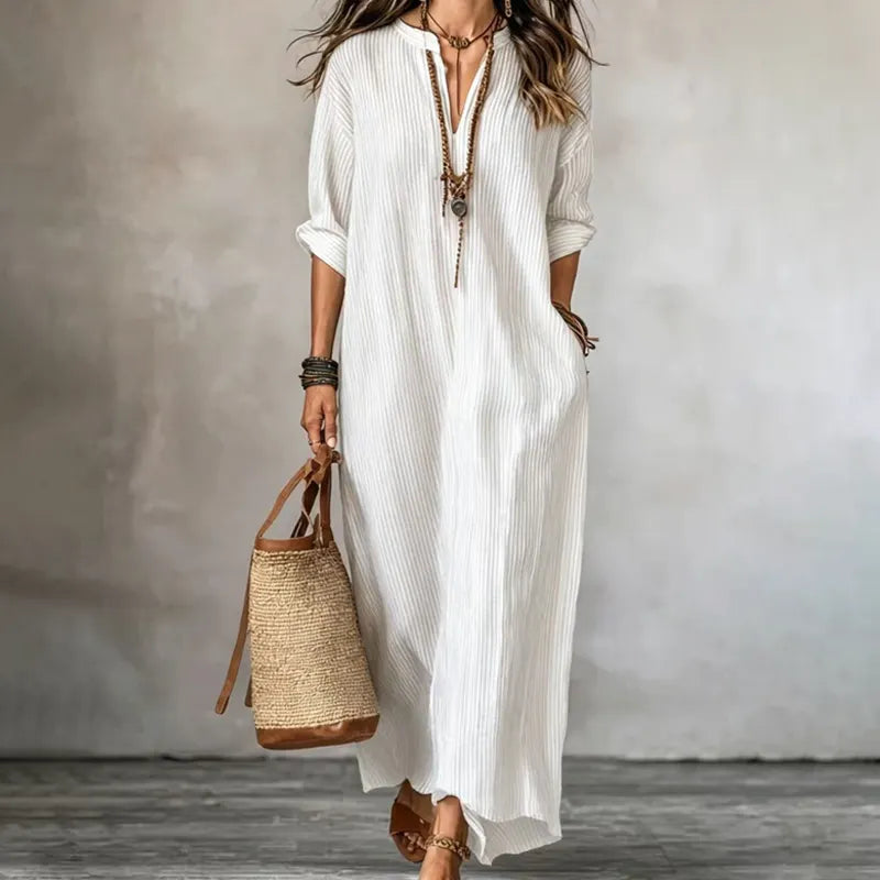 Robe maxi femme rayée avec col V et manches longues