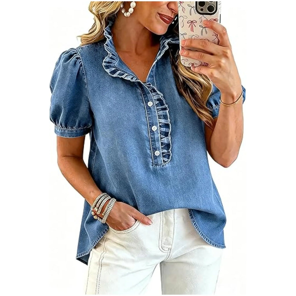 Haut femme en denim avec col volanté et manches bouffantes