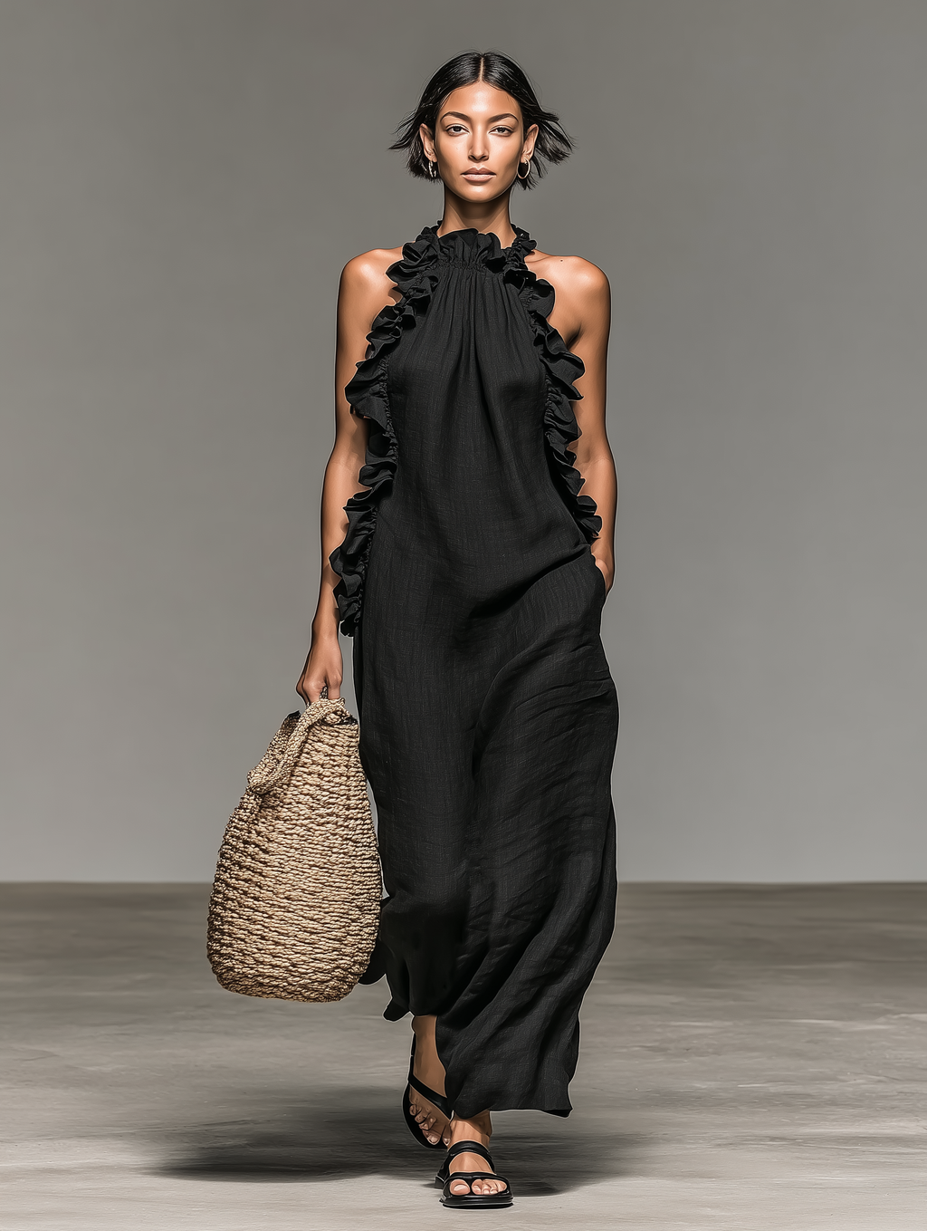 Robe maxi femme sans manches à volants avec poches