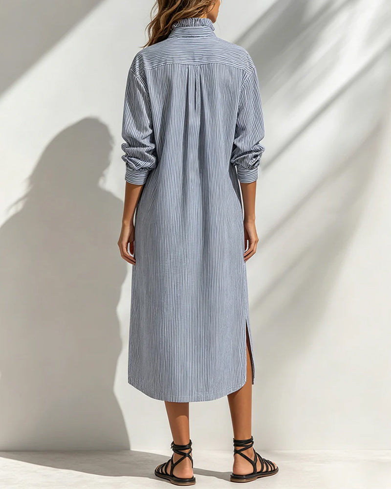Robe Décontractée Col Montant Rayée Fente