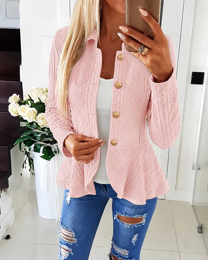 Cardigan femme texturé à col rabattu et boutons dorés
