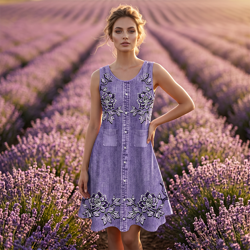 Robe femme sans manches florale avec boutons devant
