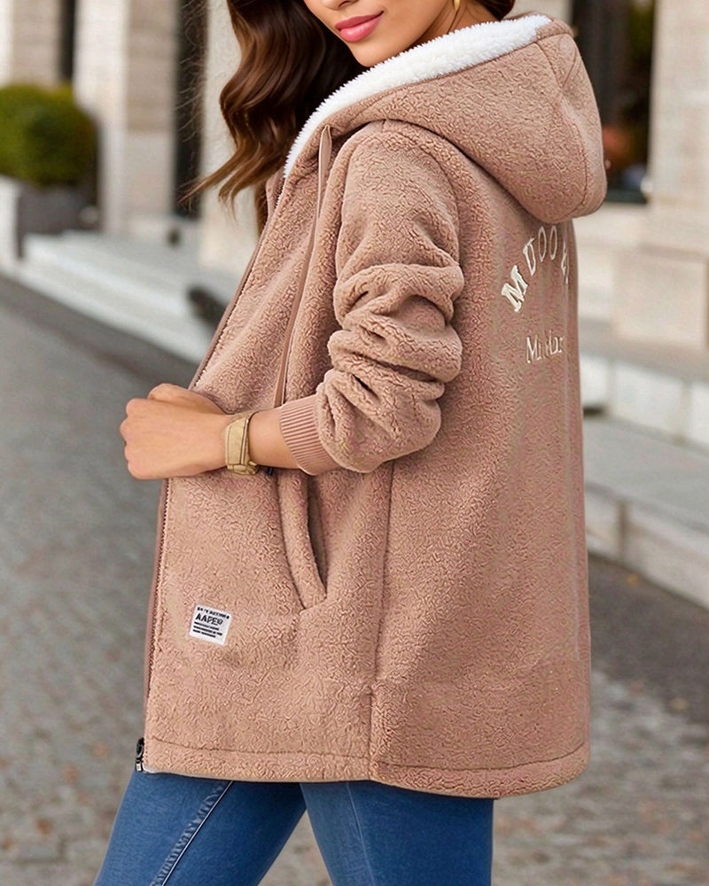 Manteau à Capuche avec Poche Zippée en Fleece Épaissi