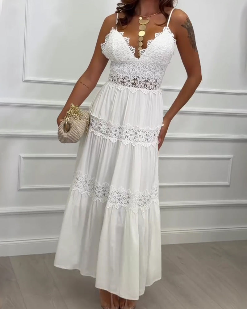 Robe Dentelle Patchwork Bretelle Spaghetti Col V
