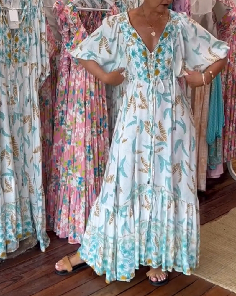Robe maxi à imprimé feuilles avec décolleté en V pour femmes