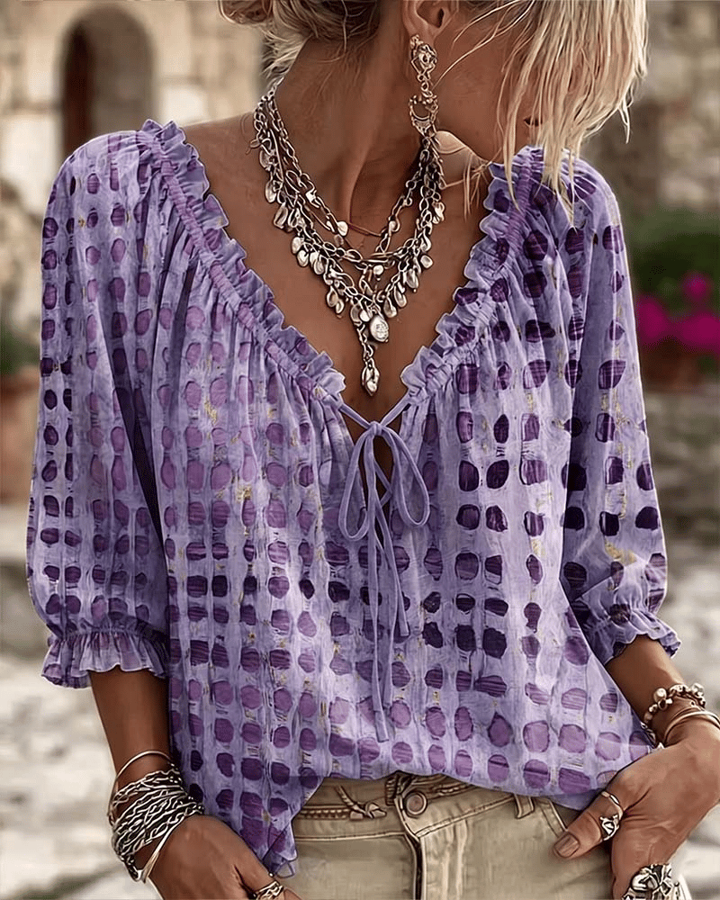Blouse femme bohème à pois avec col V noué