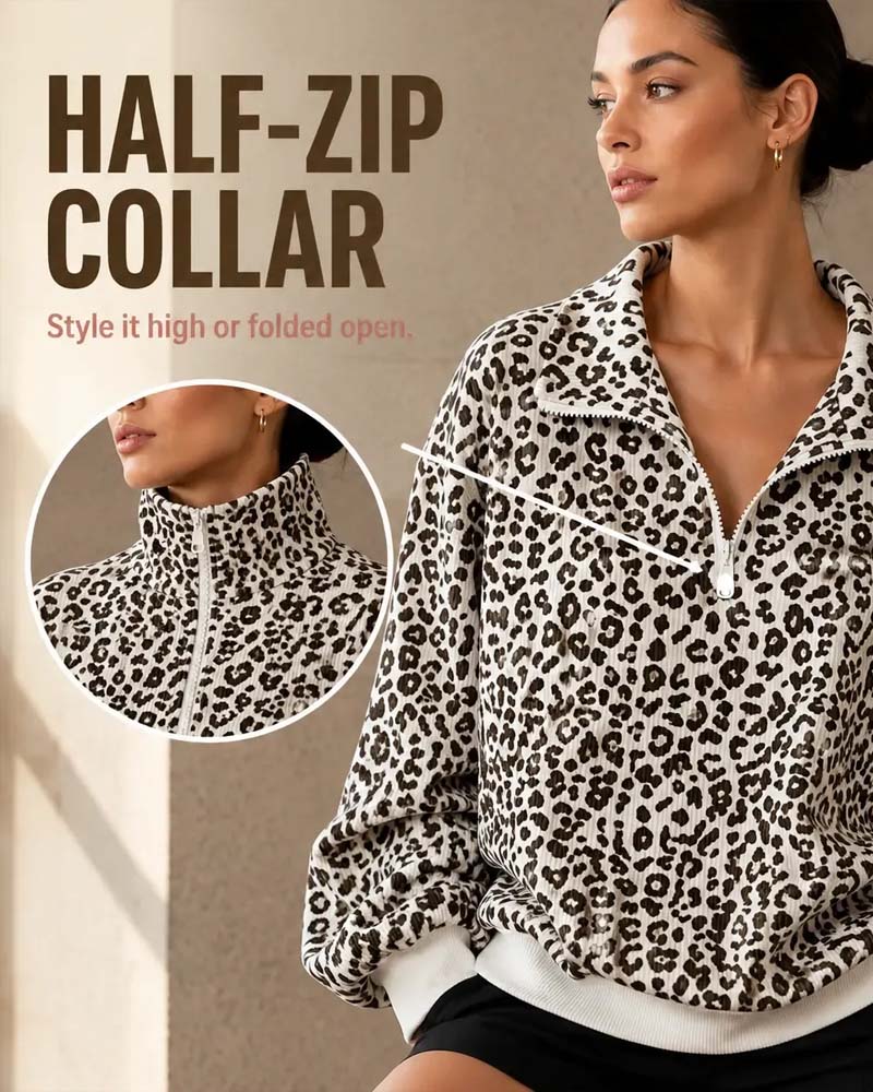 Sweatshirt Fermeture Éclair Léopard Décontracté