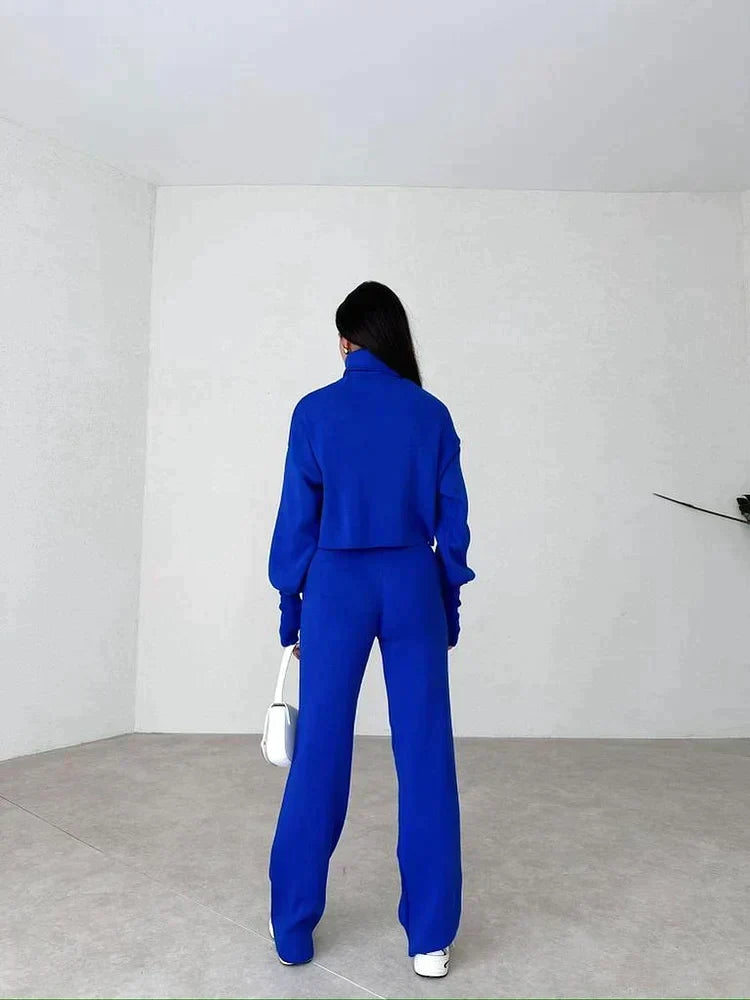 Ensemble Femme Deux Pièces Pull Col Montant Oversize Pantalon Droit