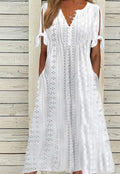 Robe Unie Col V Dentelle Patchwork Manche Ballon