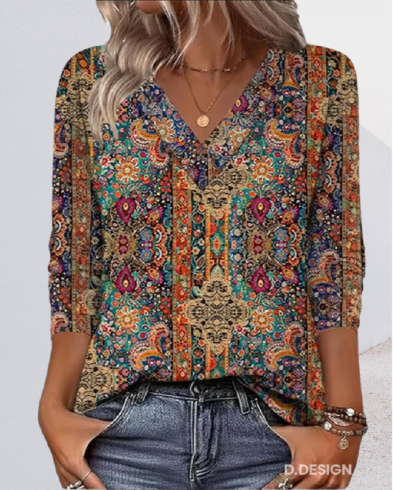 Blouse imprimée à col en V inspirée du vintage