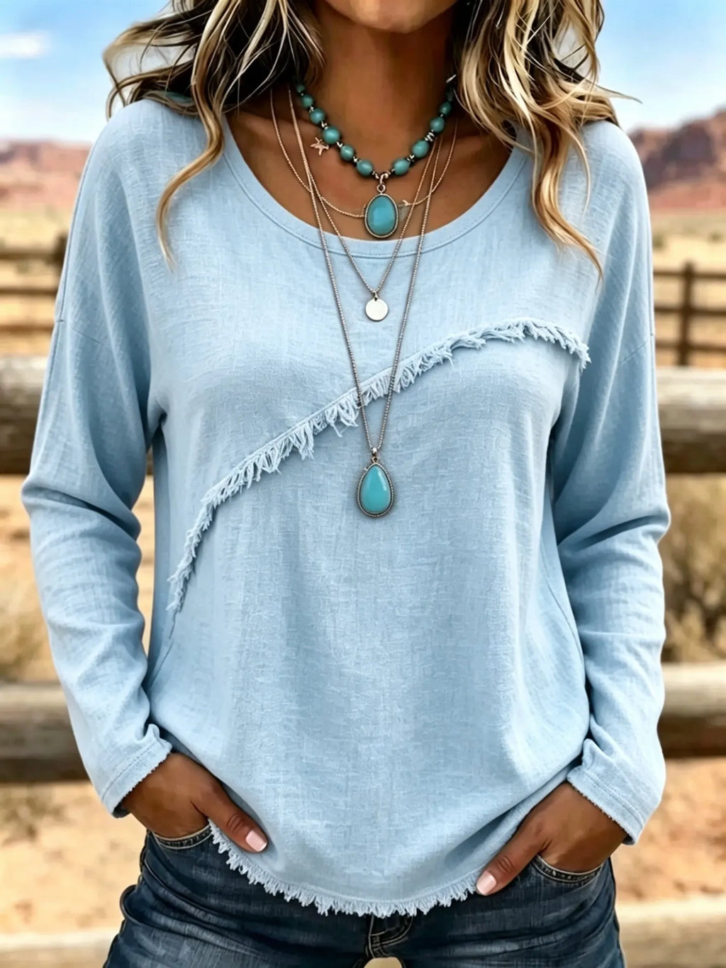 Blouse femme bohème à franges et col rond
