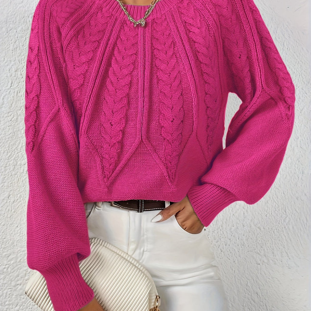 Pull en Tricot à Câbles pour Femme avec Col Rond et Manches Raglan