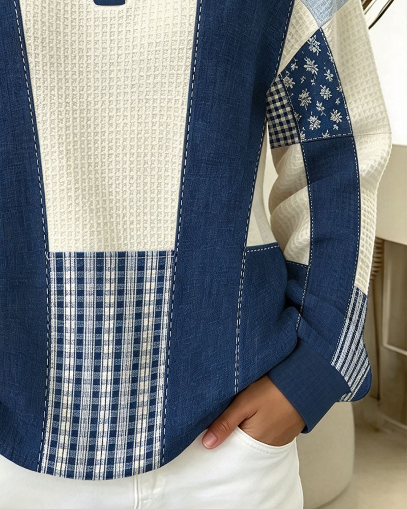 Sweat-shirt à Col Rond avec Boutons et Imprimé Floral à Carreaux