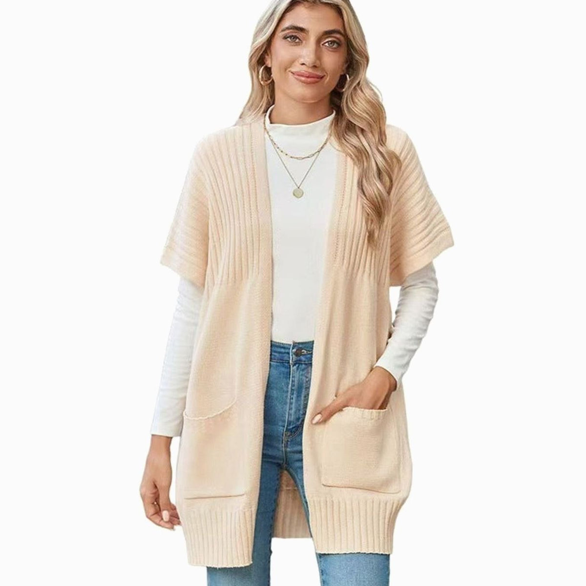 Elfriede | Veste en tricot Cameron pour femmes, devant ouvert, manches courtes avec poches