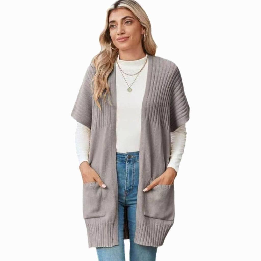Elfriede | Veste en tricot Cameron pour femmes, devant ouvert, manches courtes avec poches