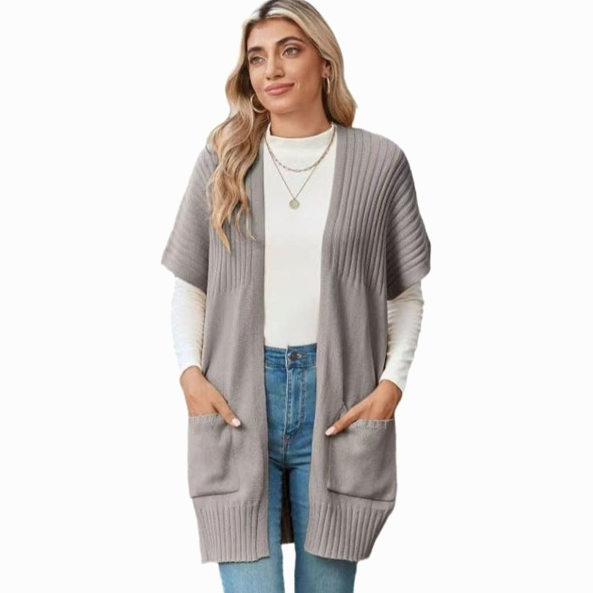 Elfriede | Veste en tricot Cameron pour femmes, devant ouvert, manches courtes avec poches