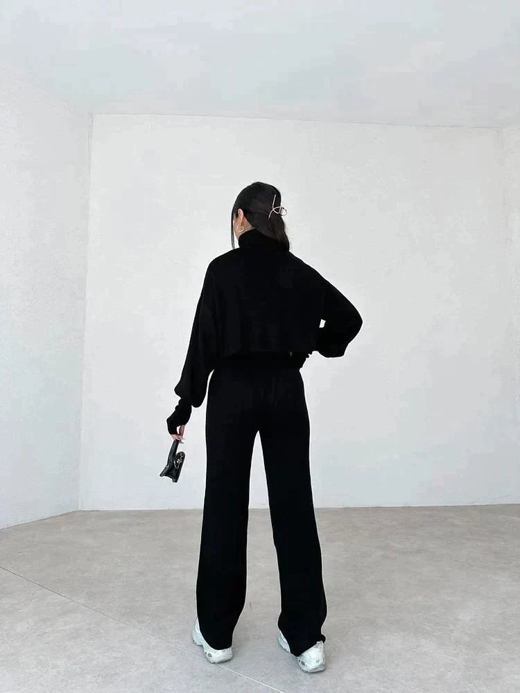 Ensemble Femme Deux Pièces Pull Col Montant Oversize Pantalon Droit
