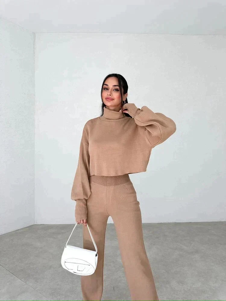 Ensemble Femme Deux Pièces Pull Col Montant Oversize Pantalon Droit