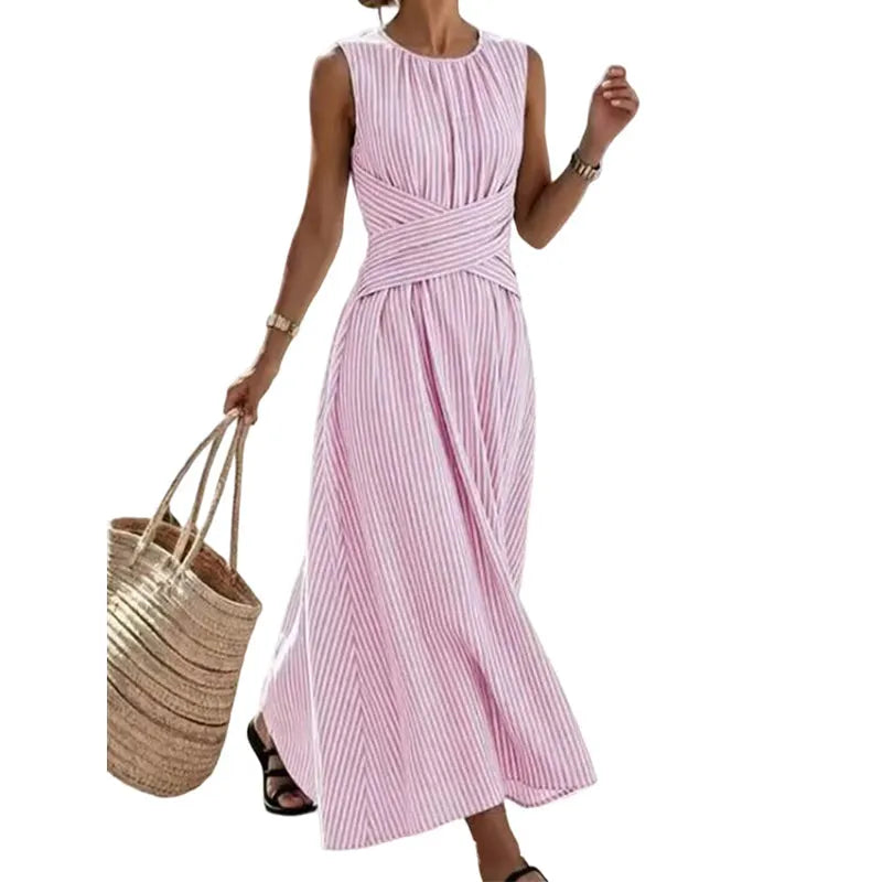 Robe maxi femme rayée sans manches avec taille croisée