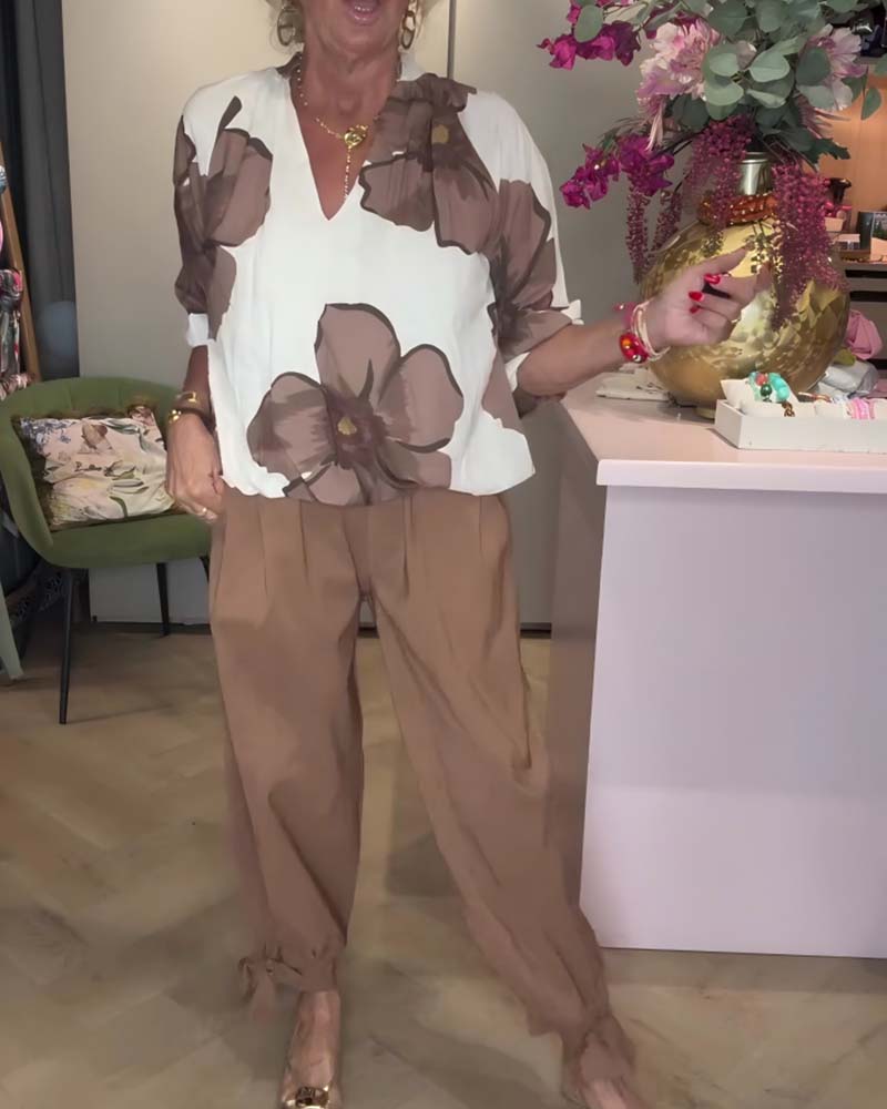 Blouse Col En V Fleuri Manches Mi-Longues Décontractée