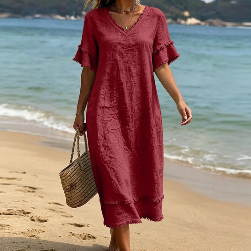 Robe femme bohème col V avec franges et coupe fluide