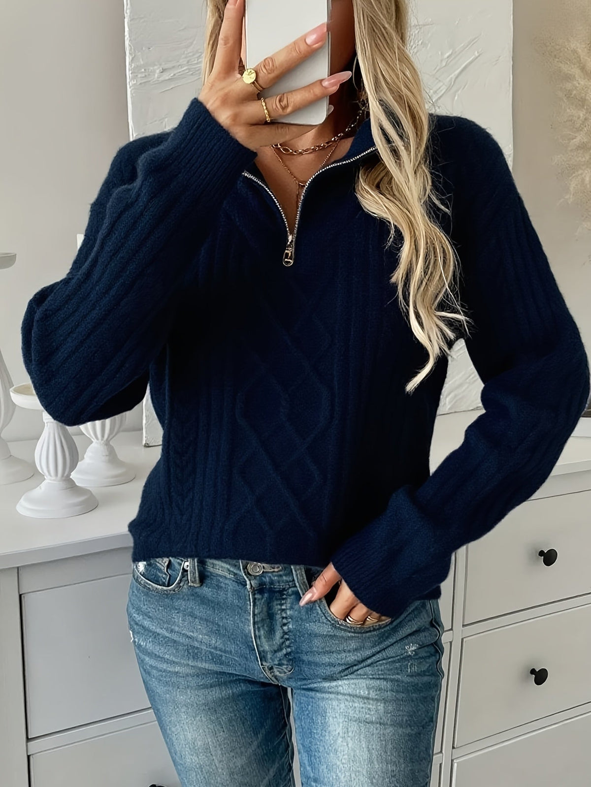 Joanne - Pull élégant en tricot à torsades avec demi-zip