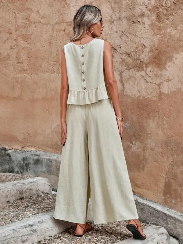 Sage | Ensemble Top à Volants Sans Manches et Pantalon Large pour Femme