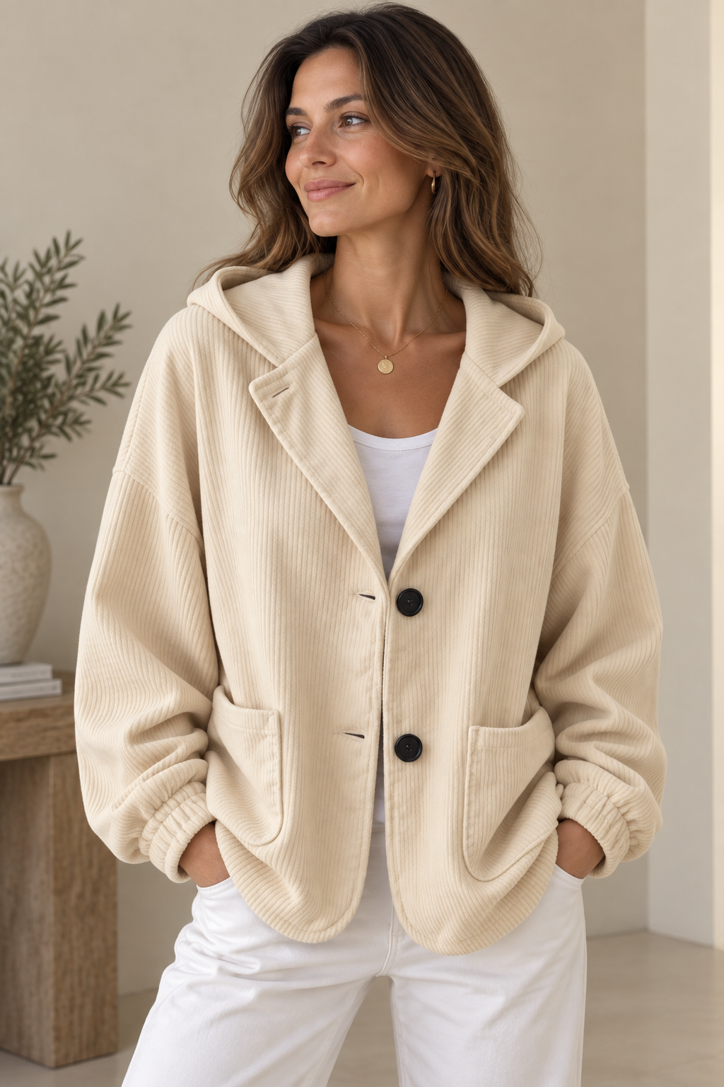 Veste oversize femme en velours côtelé à capuche