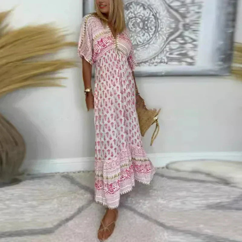 Clementine | Robe Maxi Imprimée à Manches Courtes pour Femmes